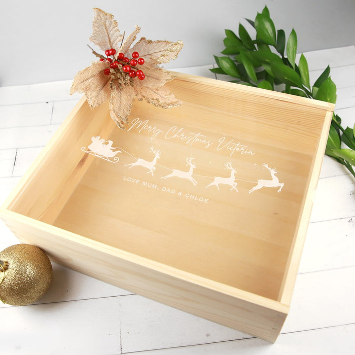 Personalised wooden Christmas gift box with engraved acrylic lid and festive design