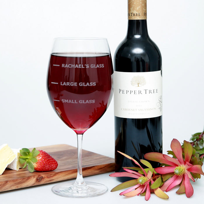 Personalised Engraved 745ml Birthday wine glass present labelled with recipient's name, large glass and small glass