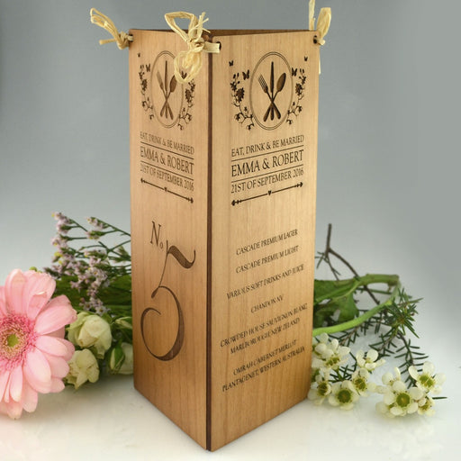 Custom designed laser engraved wedding reception wooden menu and table number centrepiece
