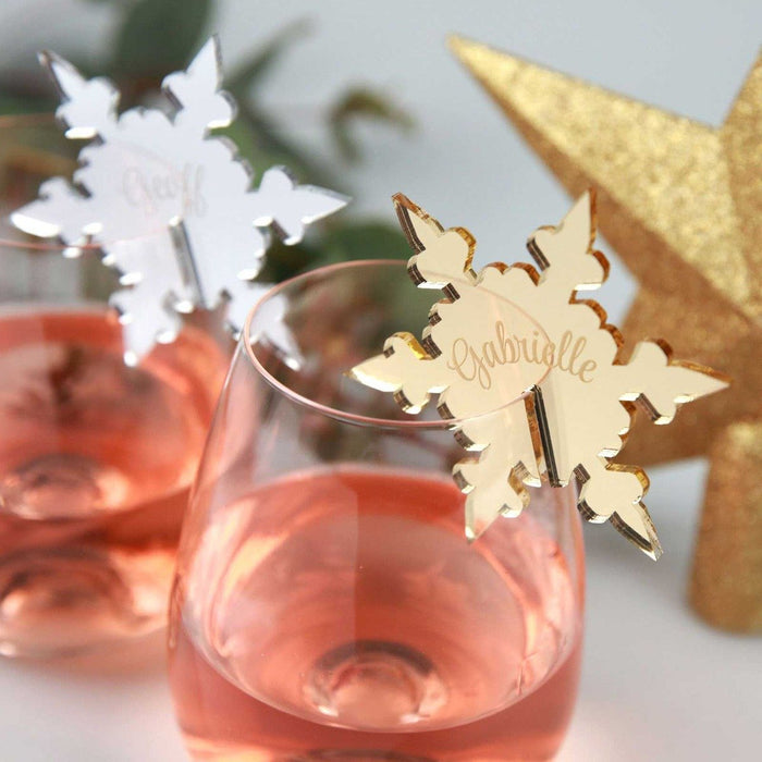 Custom Designed Mirror Silver & Gold Acrylic Christmas Snowflake Glassware Placecards