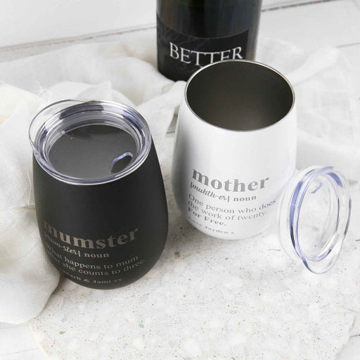 Custom Designed Engraved Black and White Mother's Day Stemless Wine Glass With Lid Wine Sipper Present