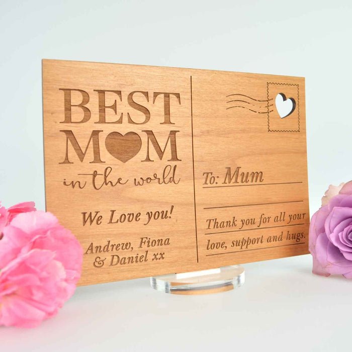 Personalised Engraved Wooden Mother's Day Postcard with Stand Present