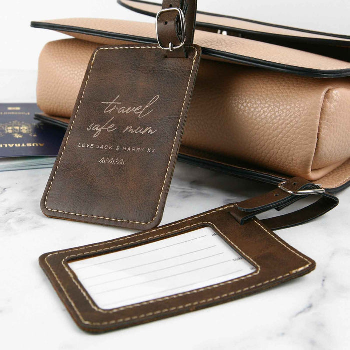 Personalised Engraved Mother's Day Brown Leather Travel Bag Tag Present