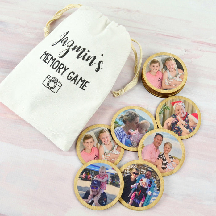 Personalised bamboo memory game with custom photo pieces for children