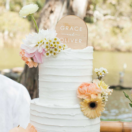Customised Printed Bride Groom Name Arch Bamboo Wedding Cake Topper