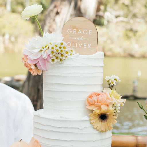 Customised Printed Bride Groom Name Arch Bamboo Wedding Cake Topper