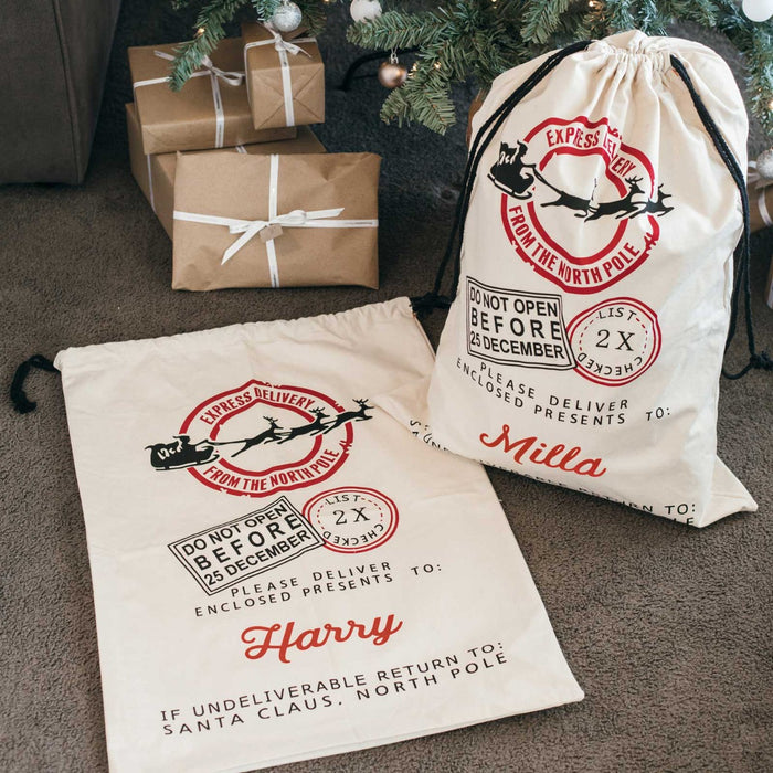 Printed Calico Christmas Santa Sack with Drawstring