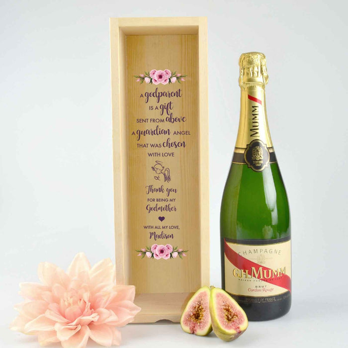 Personalised Colour Printed Godparents Wooden champagne or wine box with clear acrylic lid.