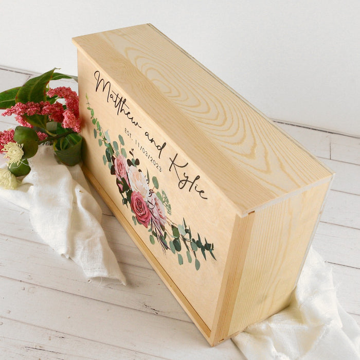 Custom Colour Printed Bride and Grooms Name and Wedding Date Natural Pine Wedding Keepsake Box Gift