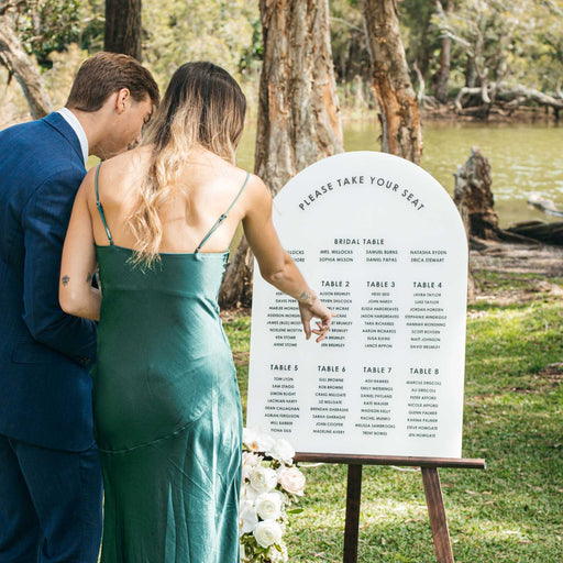 Customised Black Printed White Arch Acrylic Wedding Guest Sign Table Seating