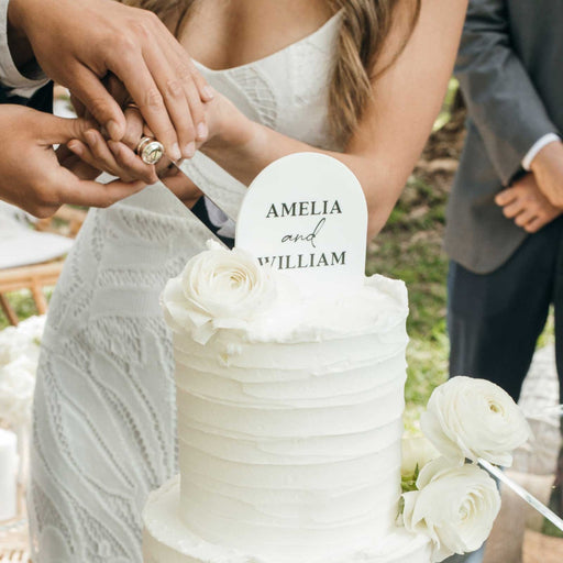 Customised Black Printed Bride Grooms Names White Acrylic Wedding Arch Cake Topper