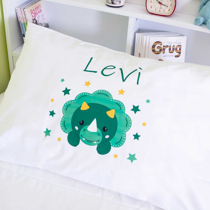 Personalised Printed White PolyCotton Dinosaur Kids Pillowcase