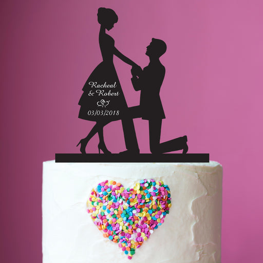 Black Proposal Silhouette with personalised bride & grooms names and wedding date Acrylic Cake Topper