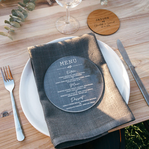Personalised Engraved Round Clear Acrylic Wedding Menu