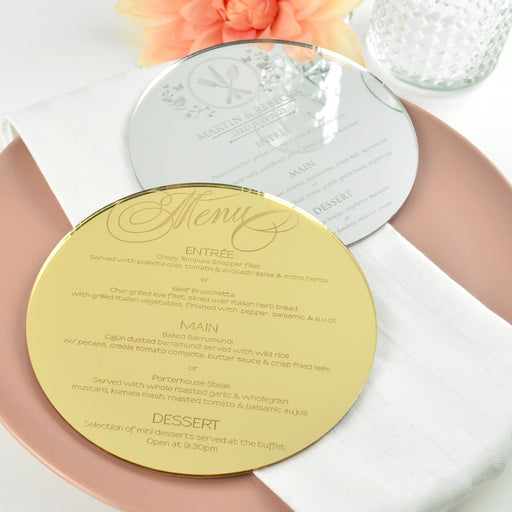 Personalised Engraved Round Mirror Gold & Silver Wedding Menu
