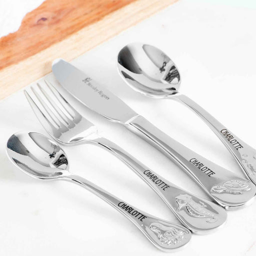 Custom Designed Engraved Name Stainless Steel Children's Cutlery 4 Piece Set Sea Animals Christmas Present