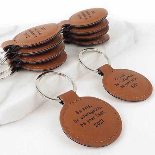 Engraved Student Graduation Tan Leatherette Keyrings Set of 10