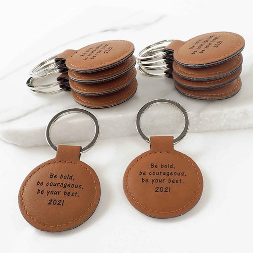 Customised Engraved Student Graduation Tan Leatherette Keyrings Set of 10