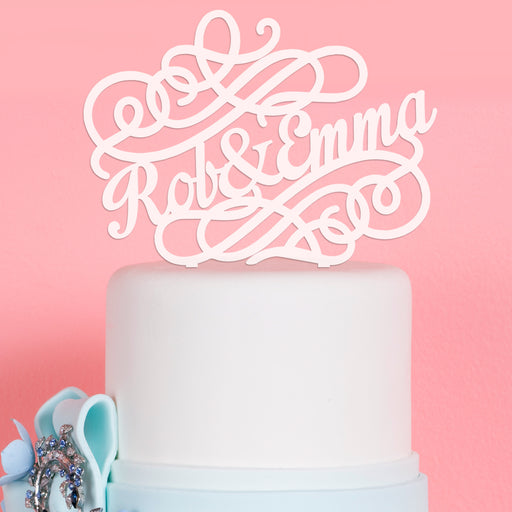 Personalised Laser Cut Frosted White Swirl Bride & Groom's names Acrylic Wedding Cake Topper