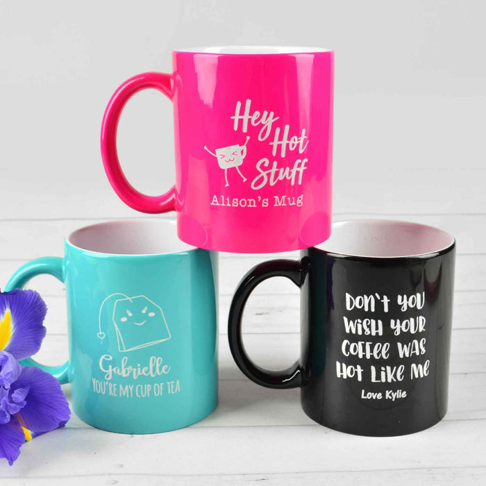 Personalised Engraved Aqua, Pink and Black Valentine's Day Coffee Mug Present