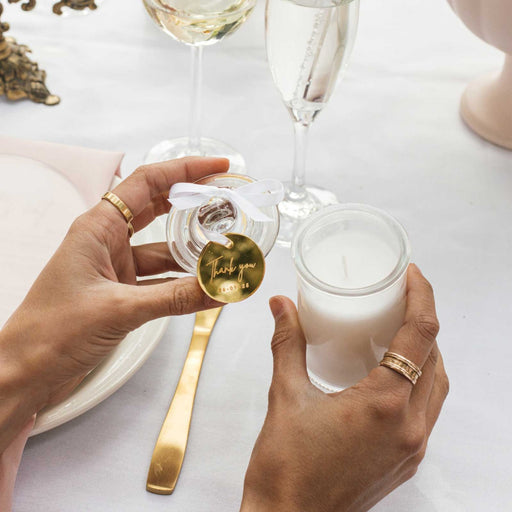 French Tip Candles with Engraved Round Gold Gift Tags Wedding Favours