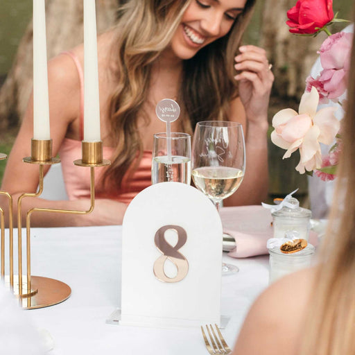 Laser Cut Mirror Gold Table Number and White Acrylic Arch