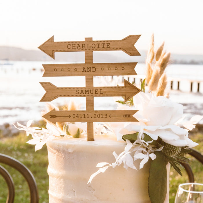 Personalised laser cut Maple Wood Love Arrow Wedding Reception Cake Topper