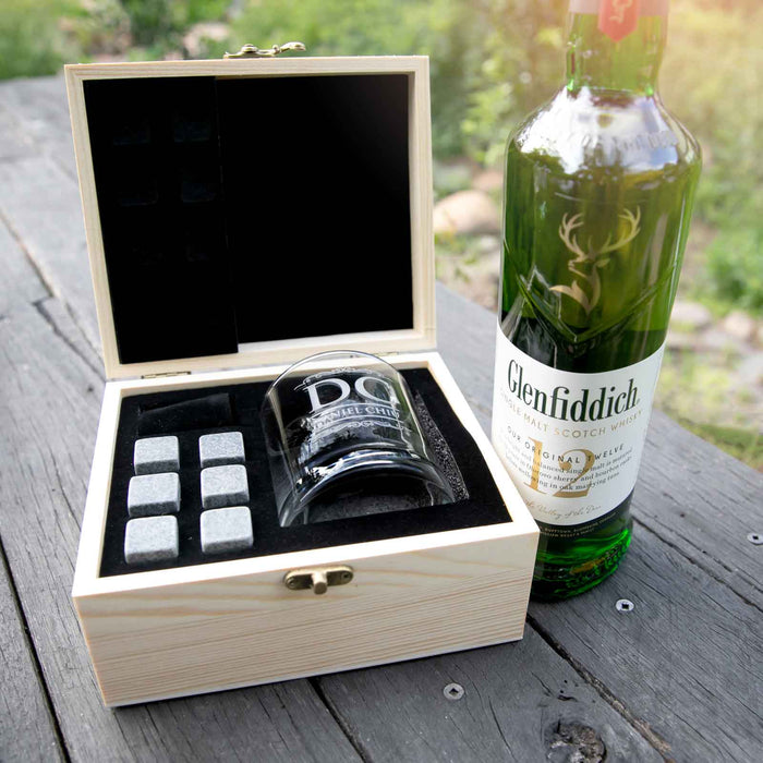 Personalised Engraved Birthday Wooden Gift Boxed Scotch Glass and Whiskey Stone Set Present