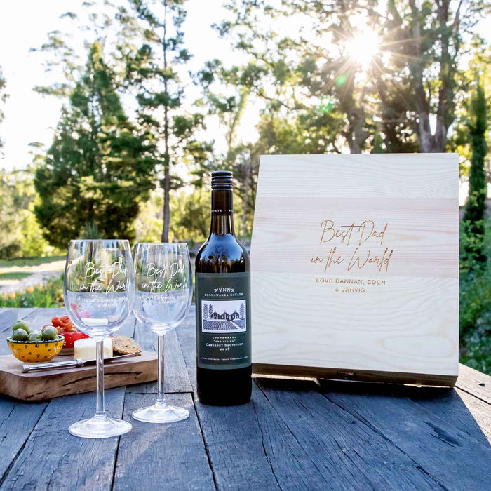Personalised Engraved Father's Day Wooden Gift Boxed 360ml Wine Glass Set Present