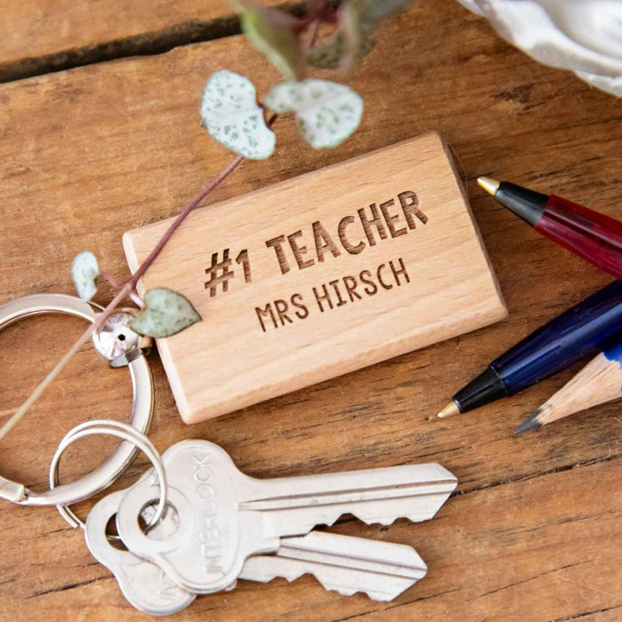 Personalised Engraved Rectangle Wooden Keyring Teacher's Gift