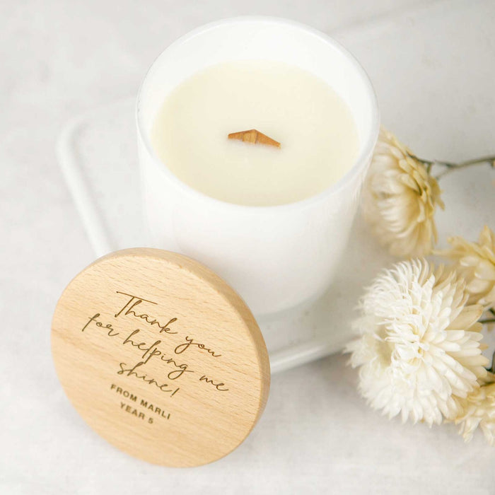 Personalised Engraved White Wood Wick Soy Candle with Wooden Lid Teacher's Gift