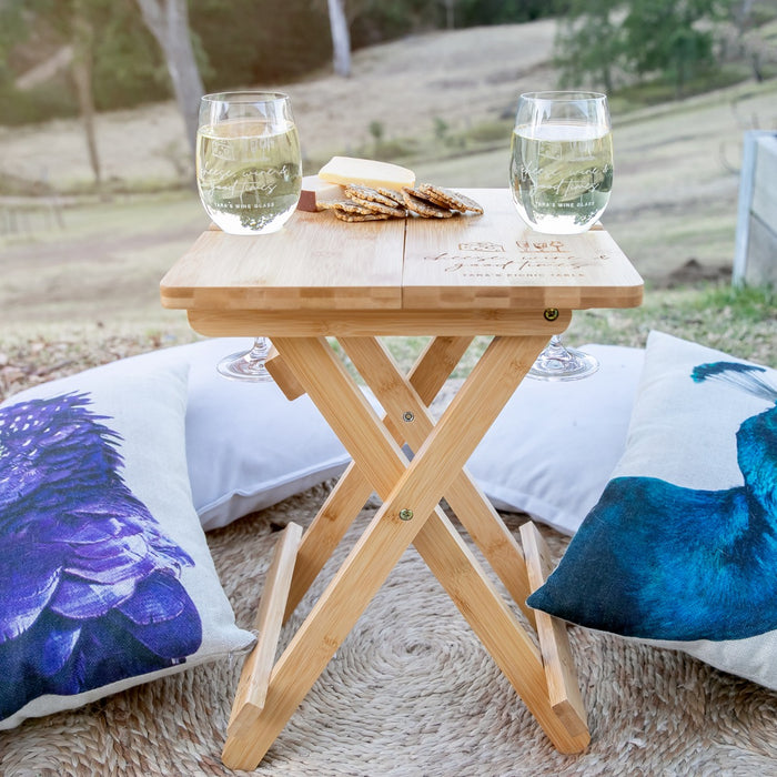 Personalised Engraved Wooden Collapsible Picnic Table and Matching Twin Wine Set Birthday Present