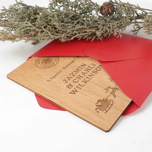 Personalised wooden Christmas card from Santa with red envelope