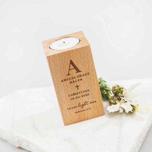 Custom Engraved Beech Wood Tealight Holder Christening Baptism Godmother Godfather Gift Favour