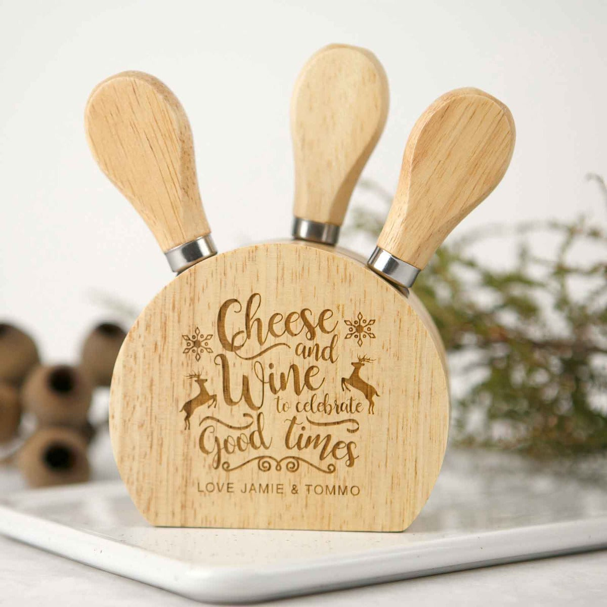 Engraved Christmas cheese knife set, a Secret Santa gift under $50