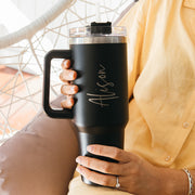 Personalised stainless steel tumbler with carry handle and reusable straw