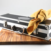 Personalised corporate BBQ gift set with logo laser engraved in oxidised white on metal case

