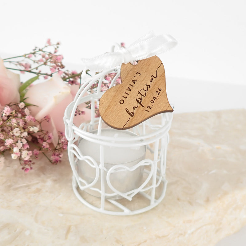 Birdcage Tealight Holder with Personalised Engraved Wooden Christening, Baptism, Naming Day Gift Tag Favour