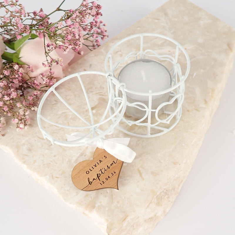 Birdcage Tealight Holder with Personalised Engraved Wooden Christening, Baptism, Naming Day Gift Tag Favour