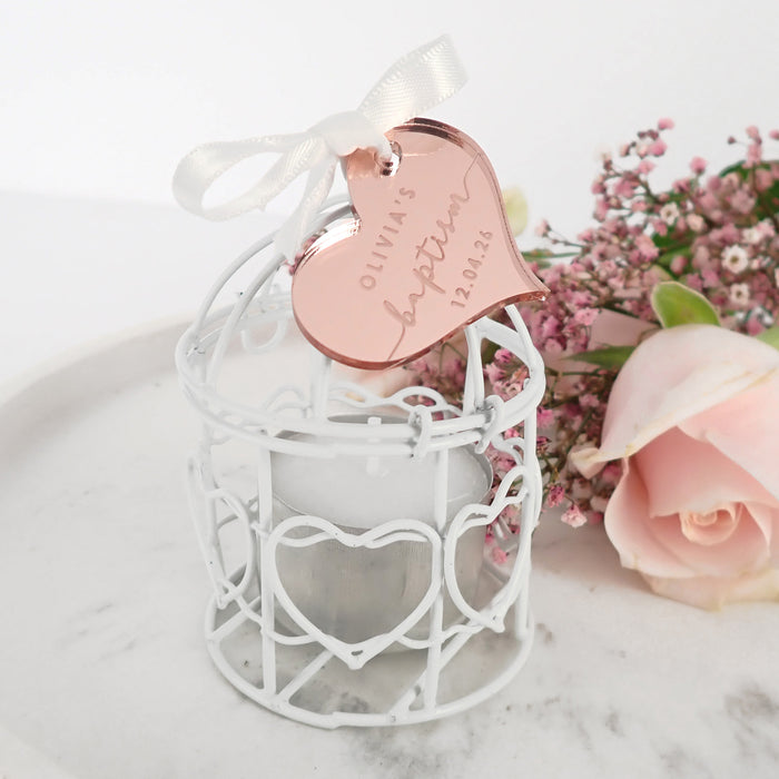 Birdcage Tealight Holder with Personalised Engraved Silver & Gold Acrylic Christening heart Gift Tag Favours