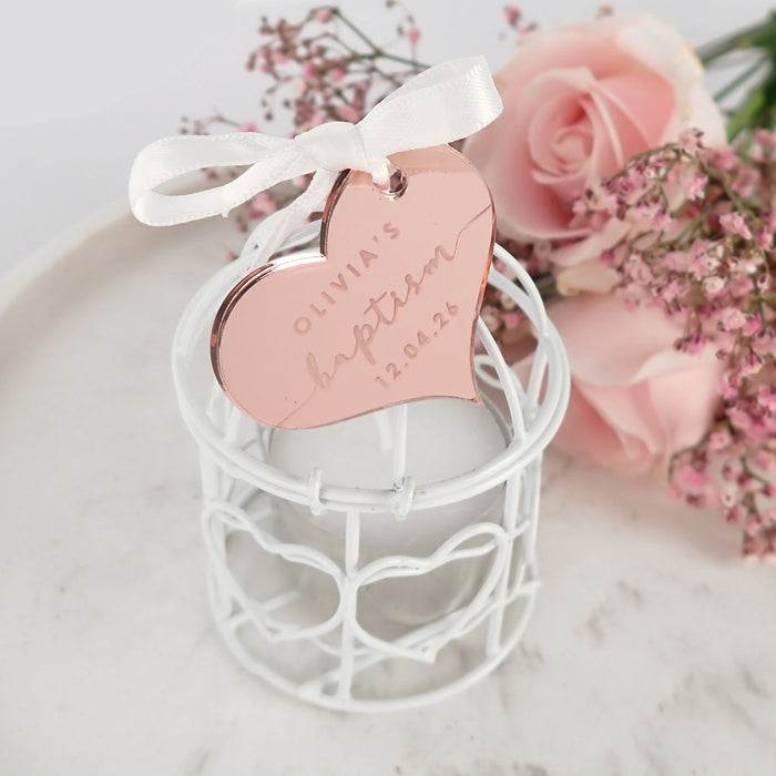 Birdcage Tealight Holder with Personalised Engraved Rose Gold  Acrylic Christening heart Gift Tag Favours