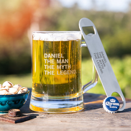 Personalised Gift Boxed Engraved Birthday 500ml Beer Mug and Stainless Steel Barmate Present