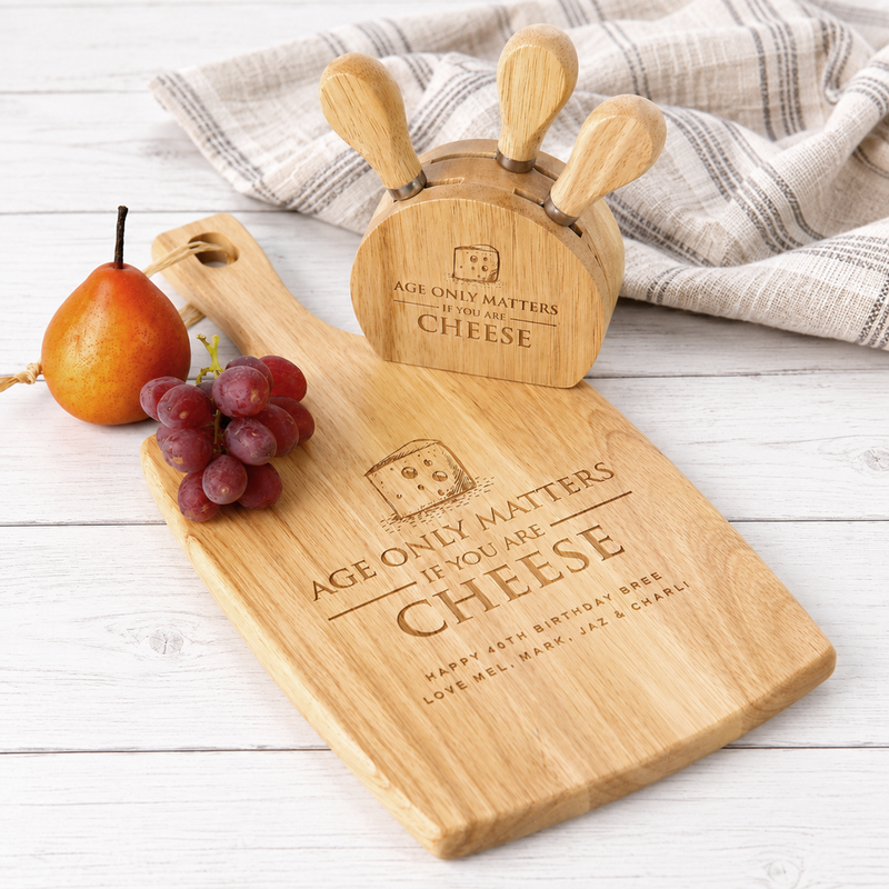 Personalised paddle board and cheese knife block set for a birthday gift