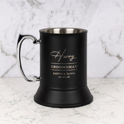 Personalised matte black beer mug engraved with name, wedding role and details.