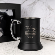 Engraved black beer mug, perfect for Groom, Best Man and Groomsmen gifts.
