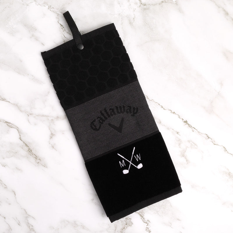 Personalised Callaway golf towel with embroidered initials and club design
