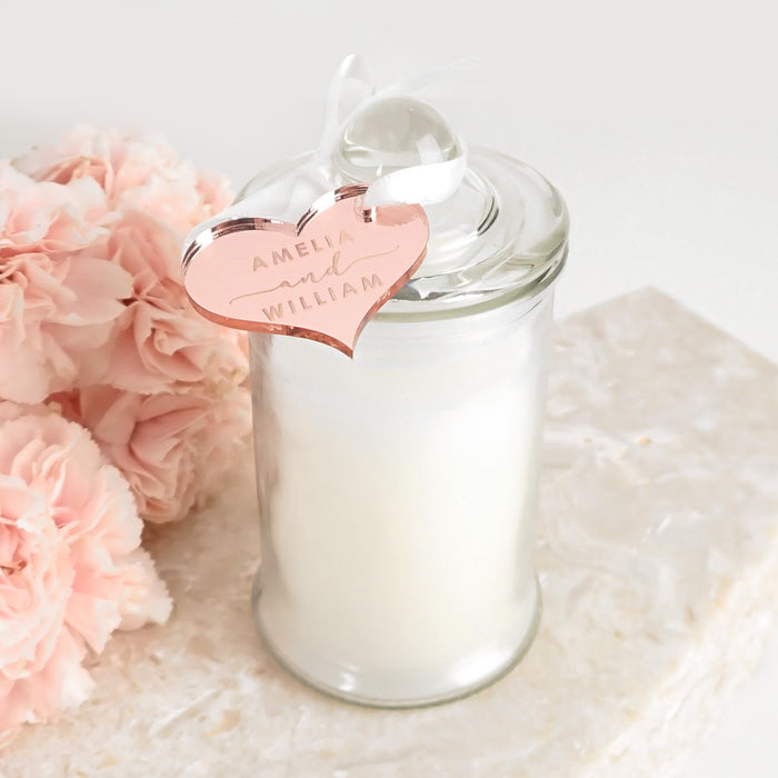 Personalised jasmine scented candle with acrylic gift tag