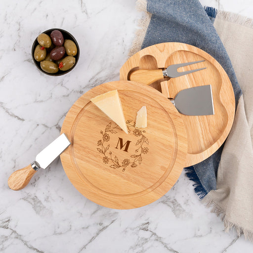 Round wooden cheese board with floral initials engraving and built-in cheese knife set – personalised Christmas gift
