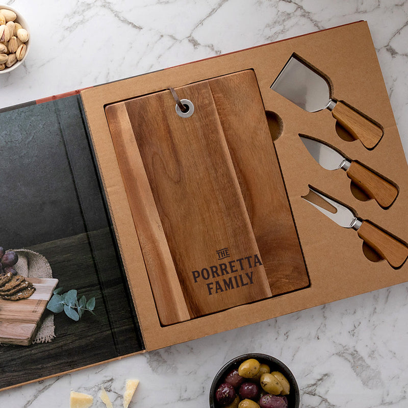 Personalised acacia cheese board set with engraved family name and knives