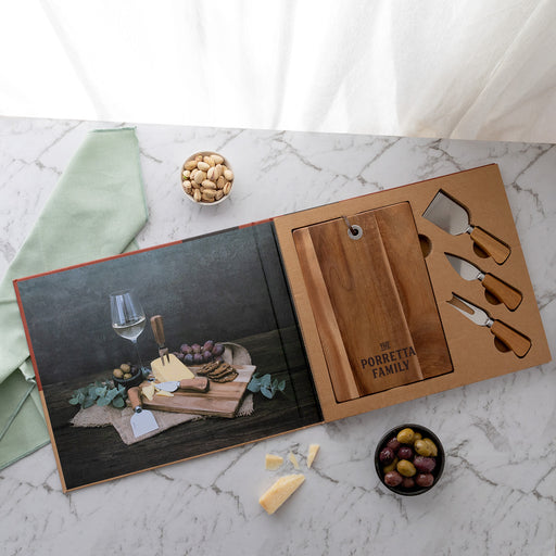 Engraved cheese board and three-piece knife set personalised with initials